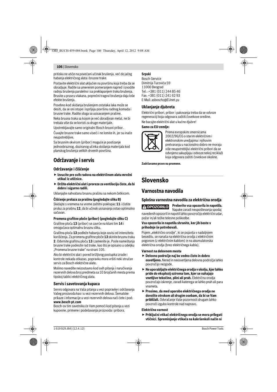 Slovensko, Održavanje i servis, Varnostna navodila | Bosch GBS 75 AE Set Professional User Manual | Page 106 / 139