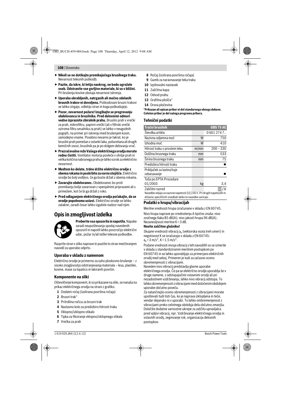 Opis in zmogljivost izdelka | Bosch GBS 75 AE Set Professional User Manual | Page 108 / 139