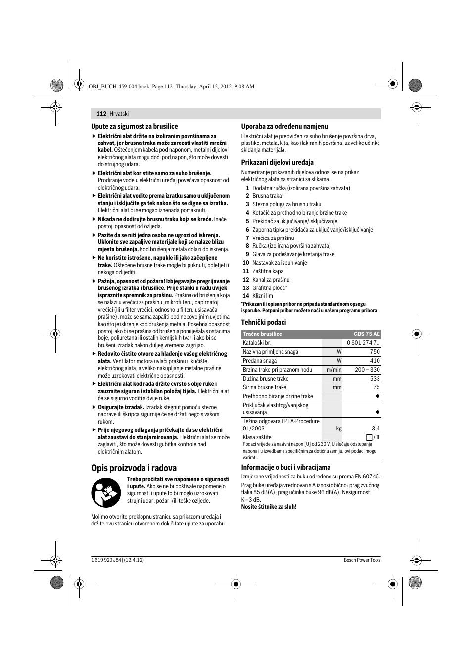 Opis proizvoda i radova | Bosch GBS 75 AE Set Professional User Manual | Page 112 / 139