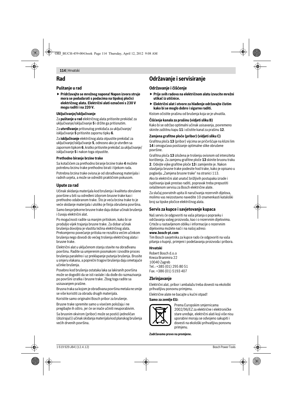 Održavanje i servisiranje | Bosch GBS 75 AE Set Professional User Manual | Page 114 / 139