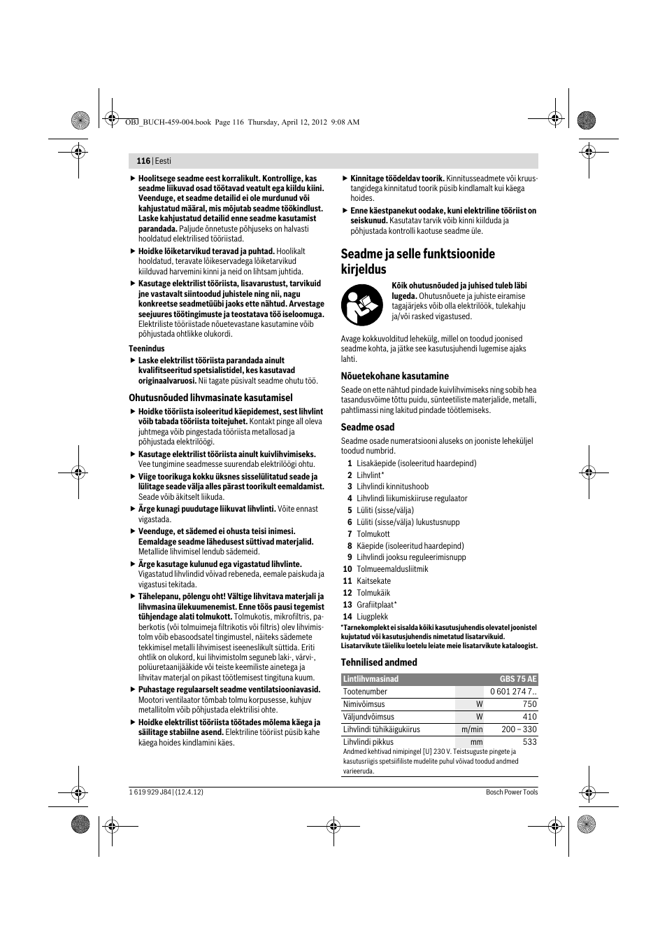 Seadme ja selle funktsioonide kirjeldus | Bosch GBS 75 AE Set Professional User Manual | Page 116 / 139