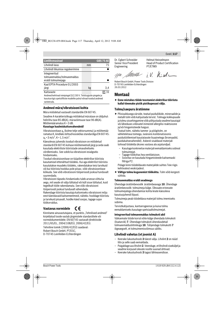 Montaaž | Bosch GBS 75 AE Set Professional User Manual | Page 117 / 139