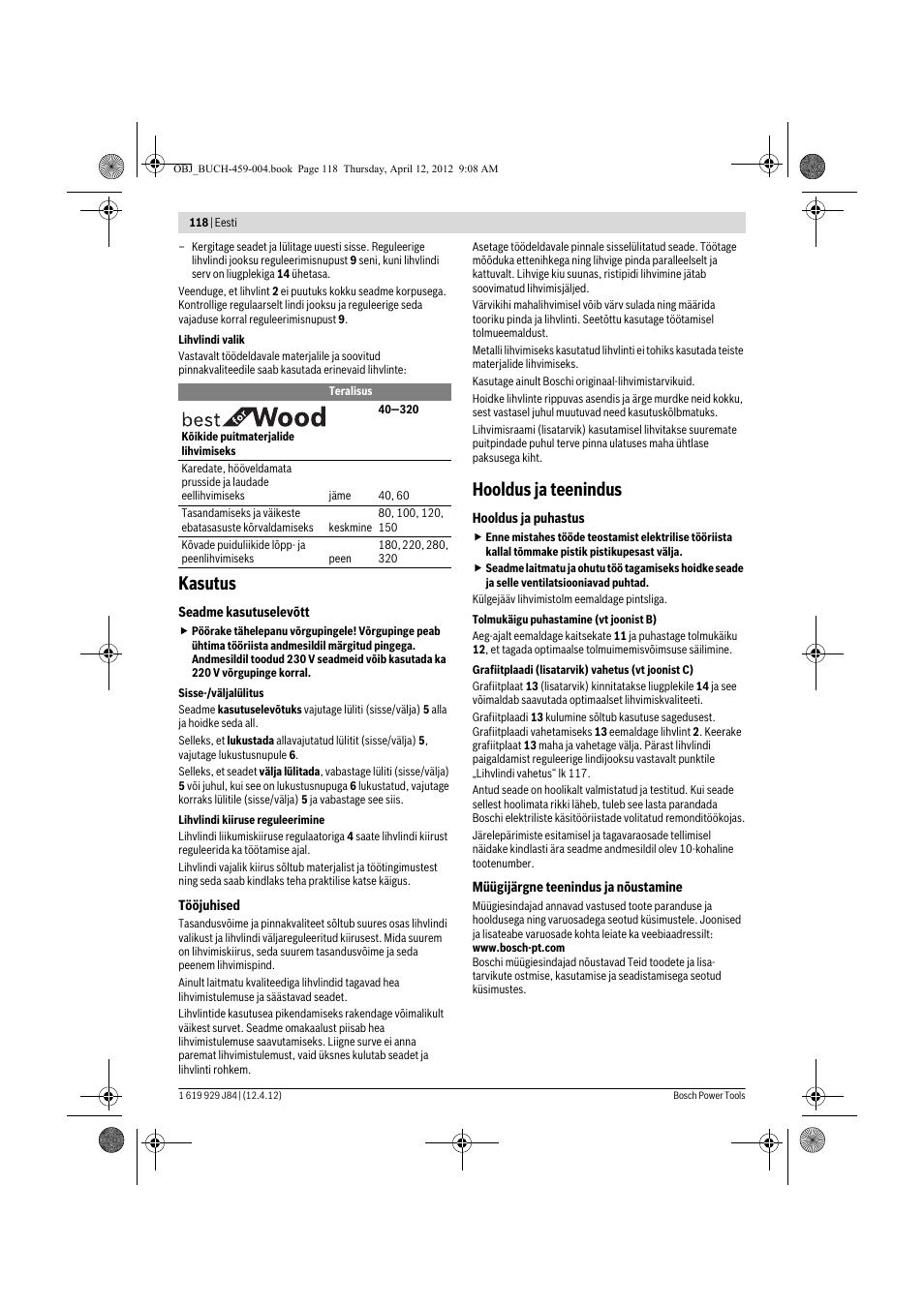 Kasutus, Hooldus ja teenindus | Bosch GBS 75 AE Set Professional User Manual | Page 118 / 139