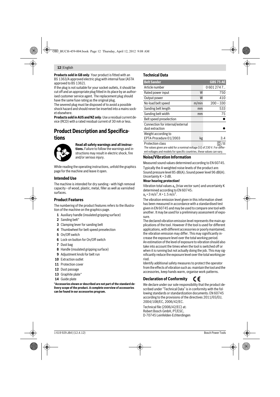 Product description and specifica- tions | Bosch GBS 75 AE Set Professional User Manual | Page 12 / 139