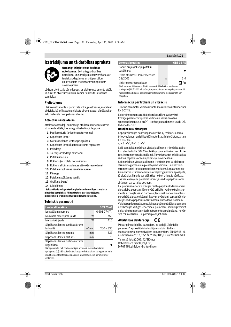 Izstrādājuma un tā darbības apraksts | Bosch GBS 75 AE Set Professional User Manual | Page 121 / 139