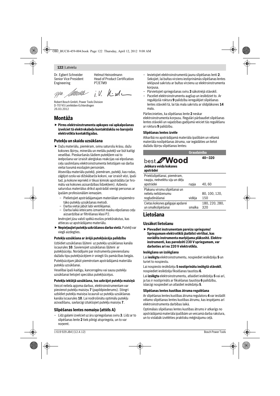 Montāža, Lietošana | Bosch GBS 75 AE Set Professional User Manual | Page 122 / 139