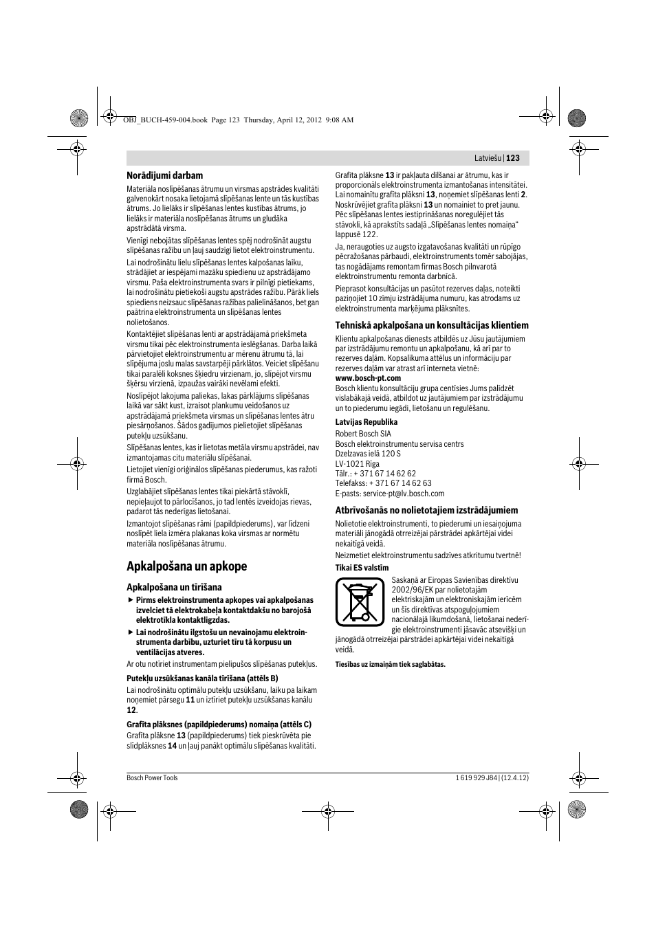 Apkalpošana un apkope | Bosch GBS 75 AE Set Professional User Manual | Page 123 / 139