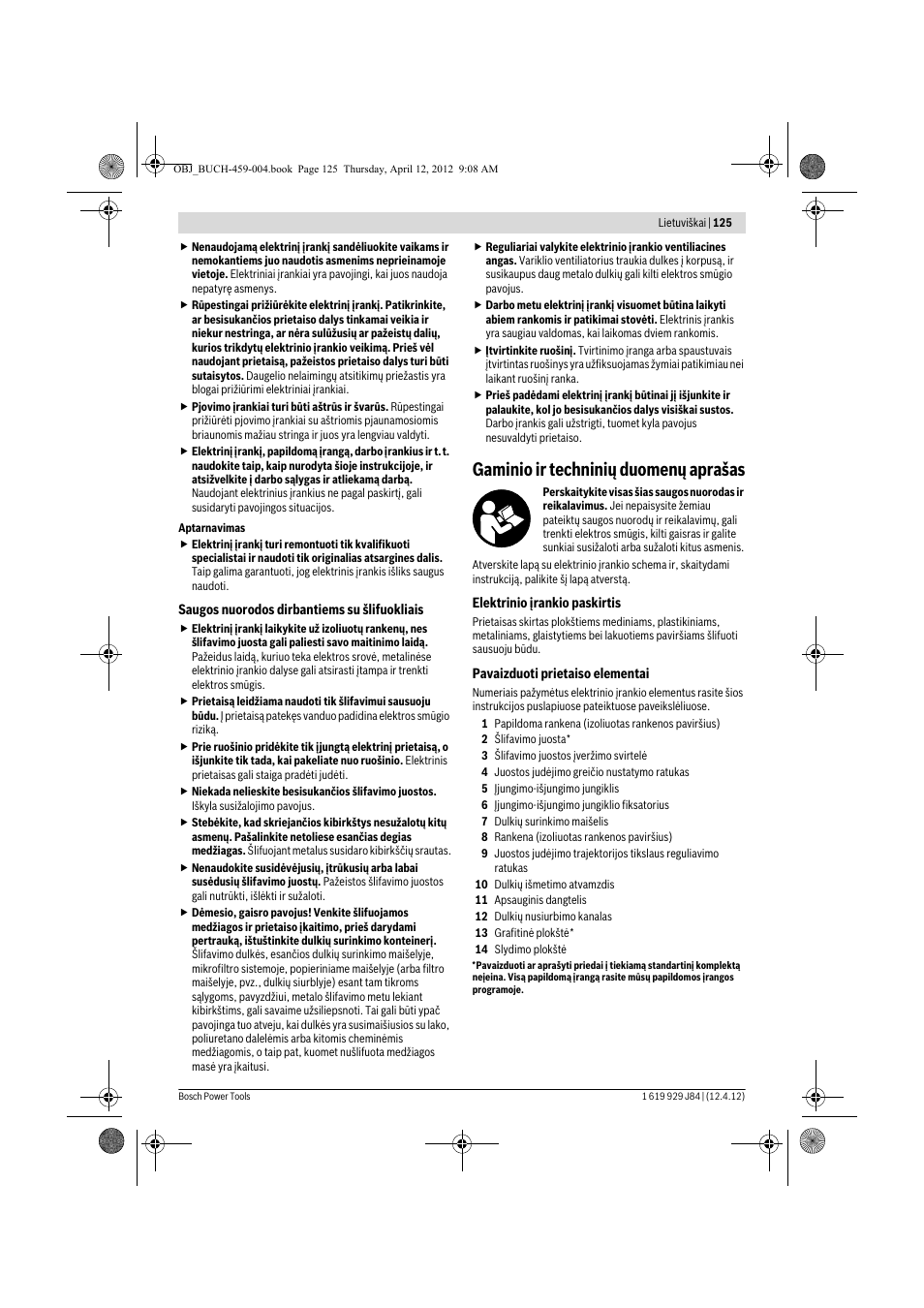 Gaminio ir techninių duomenų aprašas | Bosch GBS 75 AE Set Professional User Manual | Page 125 / 139