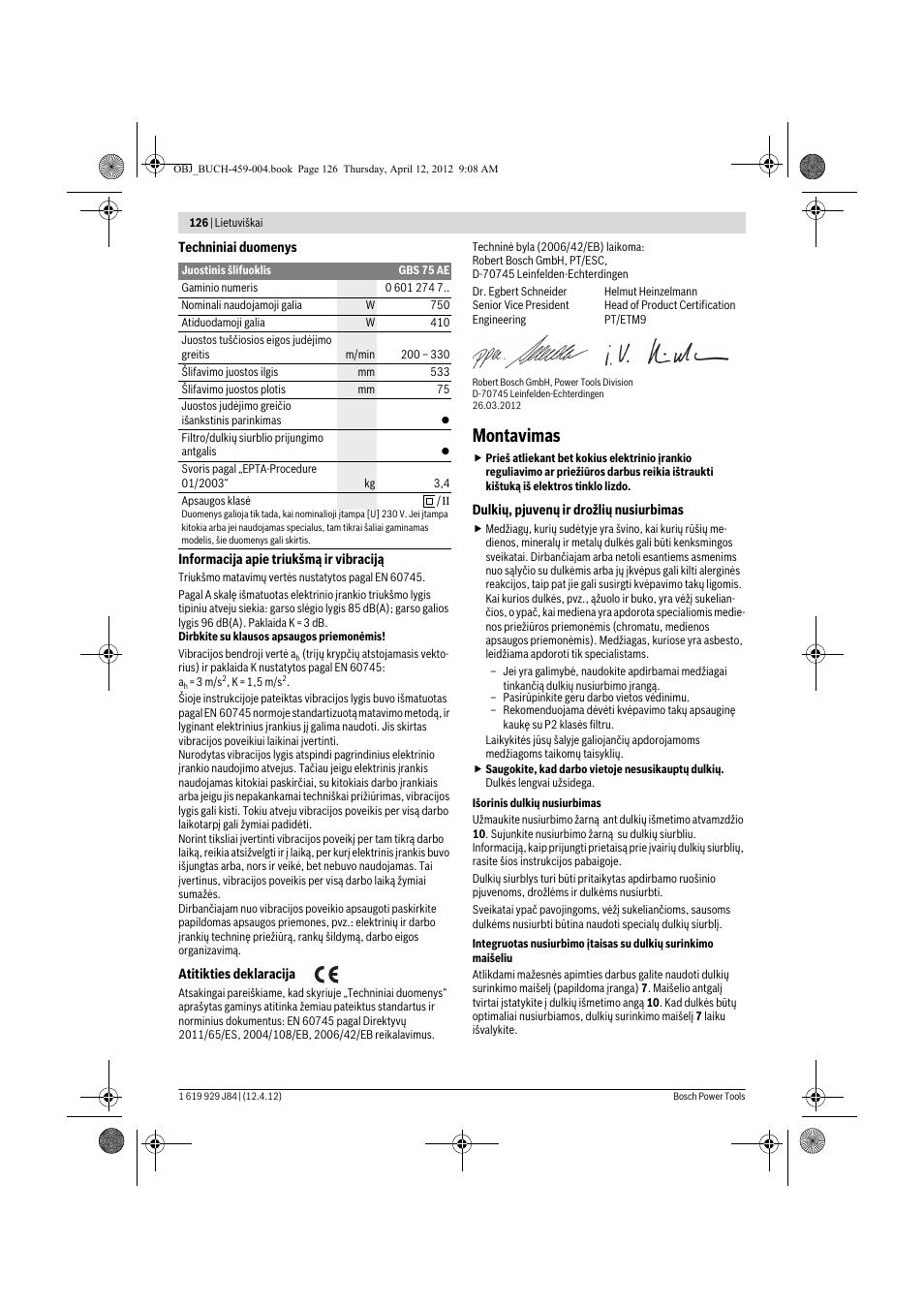 Montavimas | Bosch GBS 75 AE Set Professional User Manual | Page 126 / 139