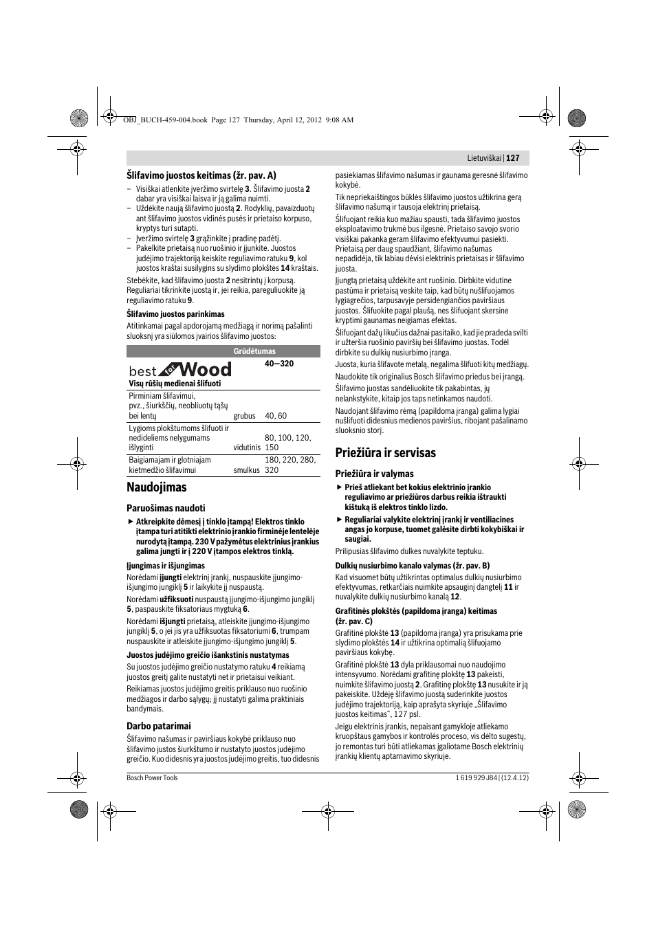 Naudojimas, Priežiūra ir servisas | Bosch GBS 75 AE Set Professional User Manual | Page 127 / 139