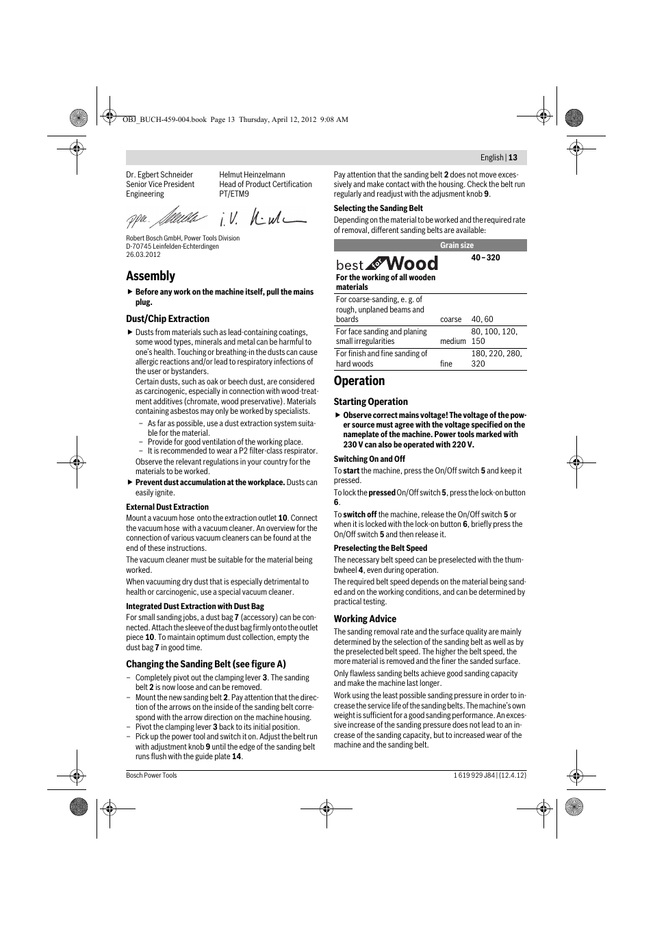 Assembly, Operation | Bosch GBS 75 AE Set Professional User Manual | Page 13 / 139