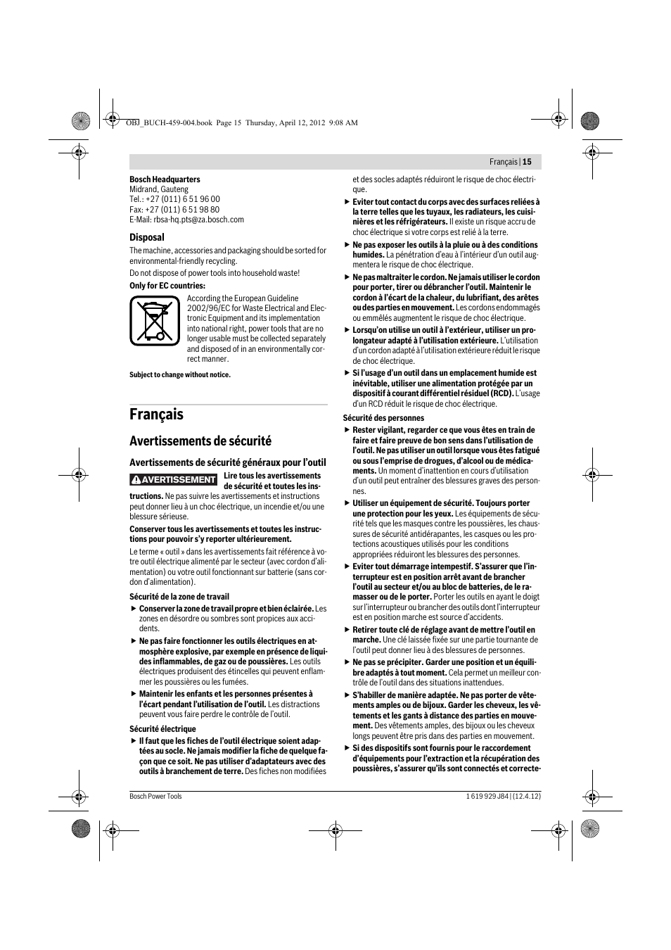 Français, Avertissements de sécurité | Bosch GBS 75 AE Set Professional User Manual | Page 15 / 139