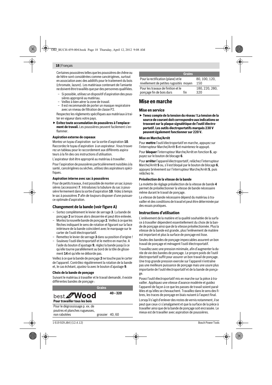 Mise en marche | Bosch GBS 75 AE Set Professional User Manual | Page 18 / 139