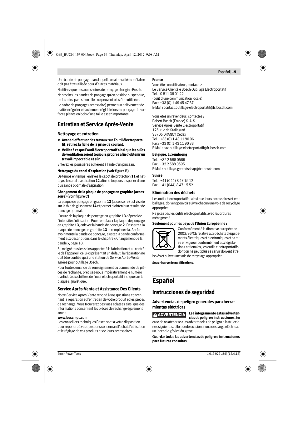 Español, Entretien et service après-vente, Instrucciones de seguridad | Bosch GBS 75 AE Set Professional User Manual | Page 19 / 139