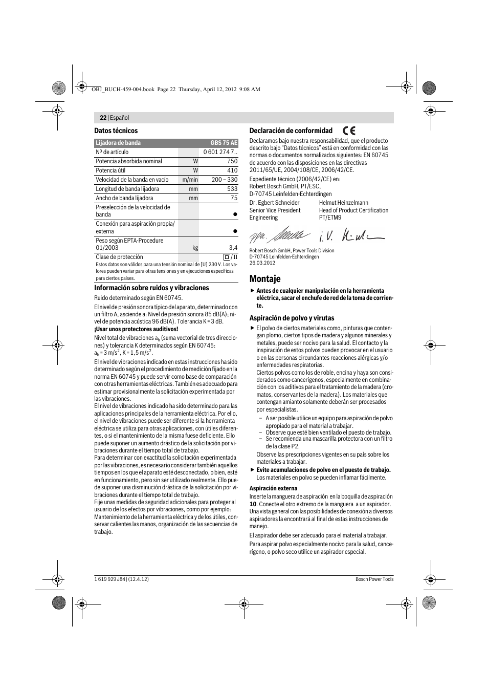 Montaje | Bosch GBS 75 AE Set Professional User Manual | Page 22 / 139