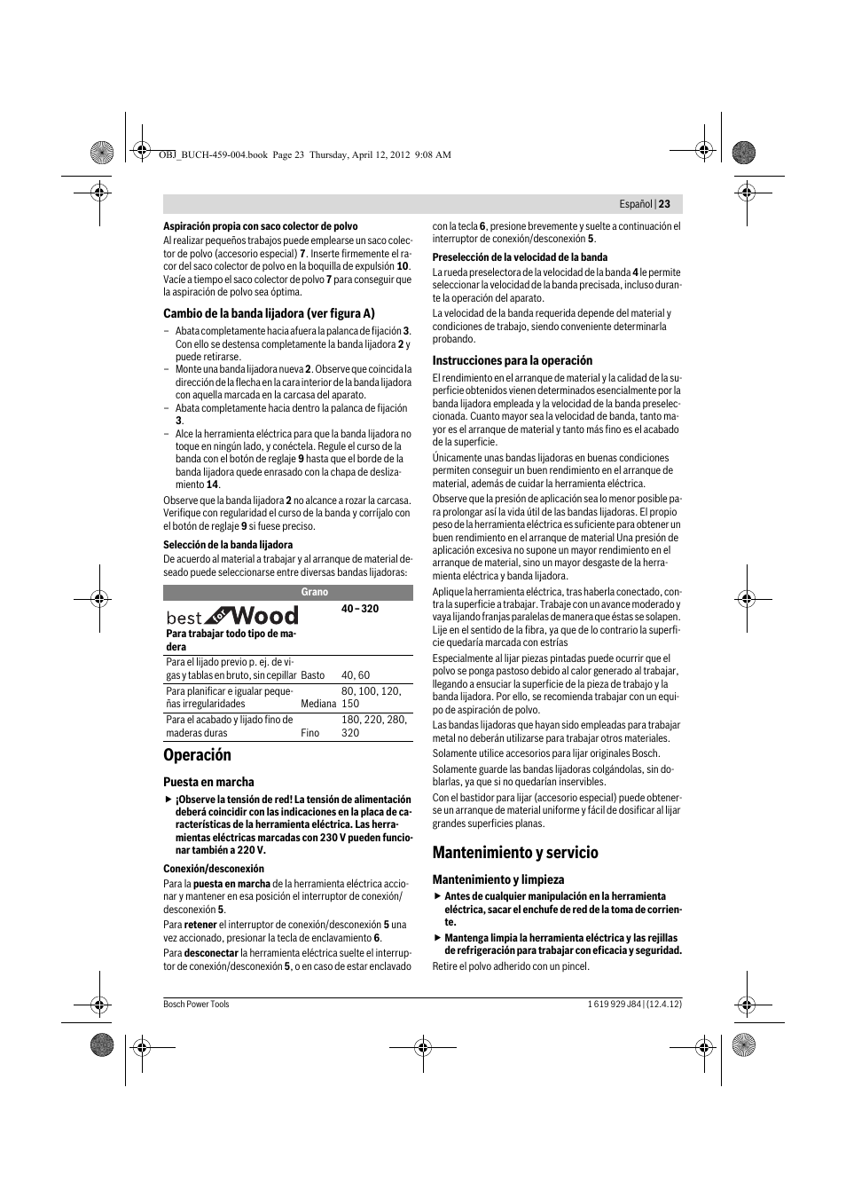 Operación, Mantenimiento y servicio | Bosch GBS 75 AE Set Professional User Manual | Page 23 / 139