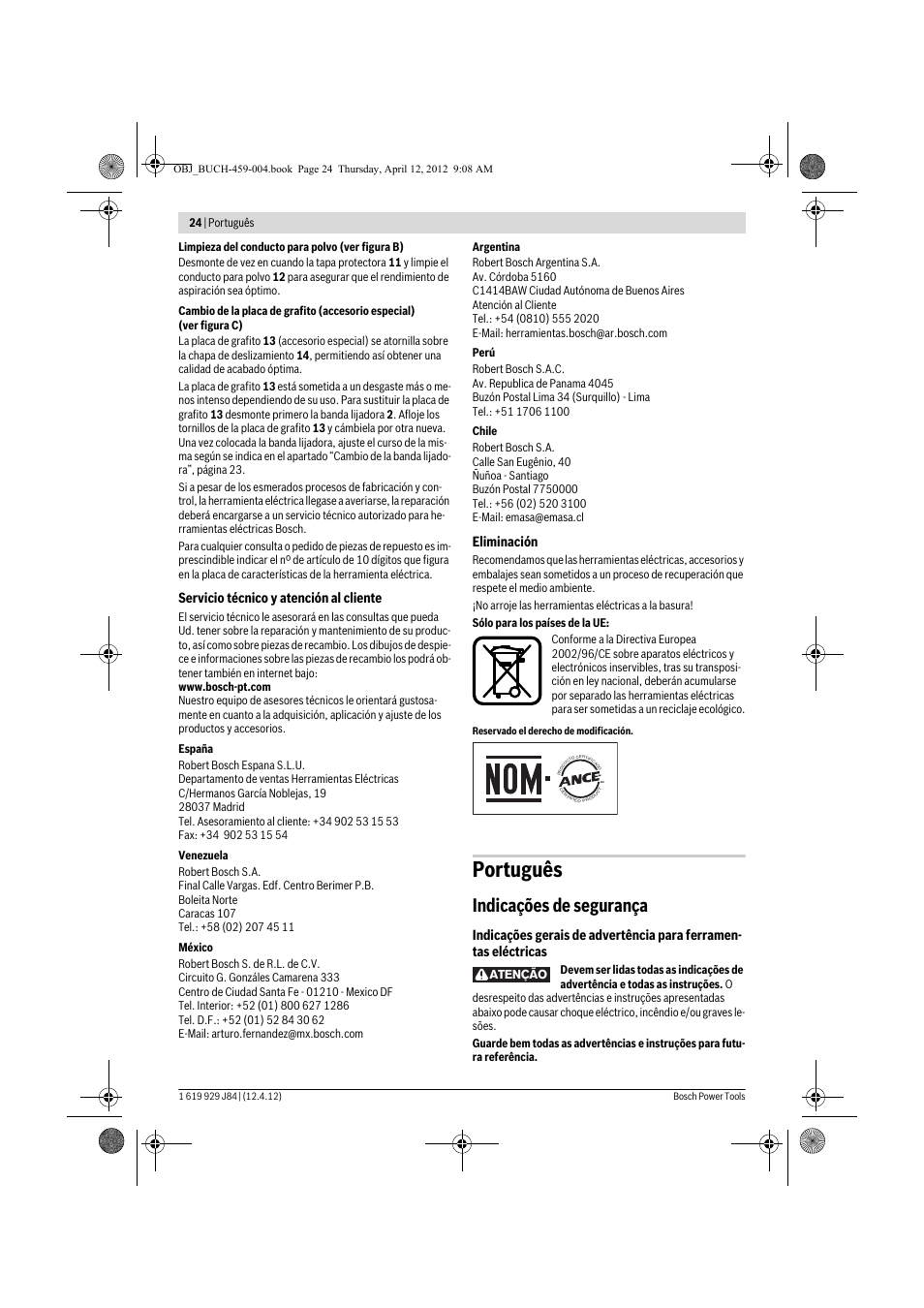 Português, Indicações de segurança | Bosch GBS 75 AE Set Professional User Manual | Page 24 / 139