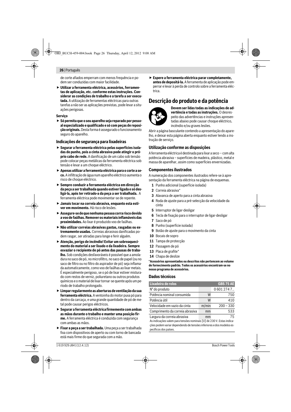 Descrição do produto e da potência | Bosch GBS 75 AE Set Professional User Manual | Page 26 / 139