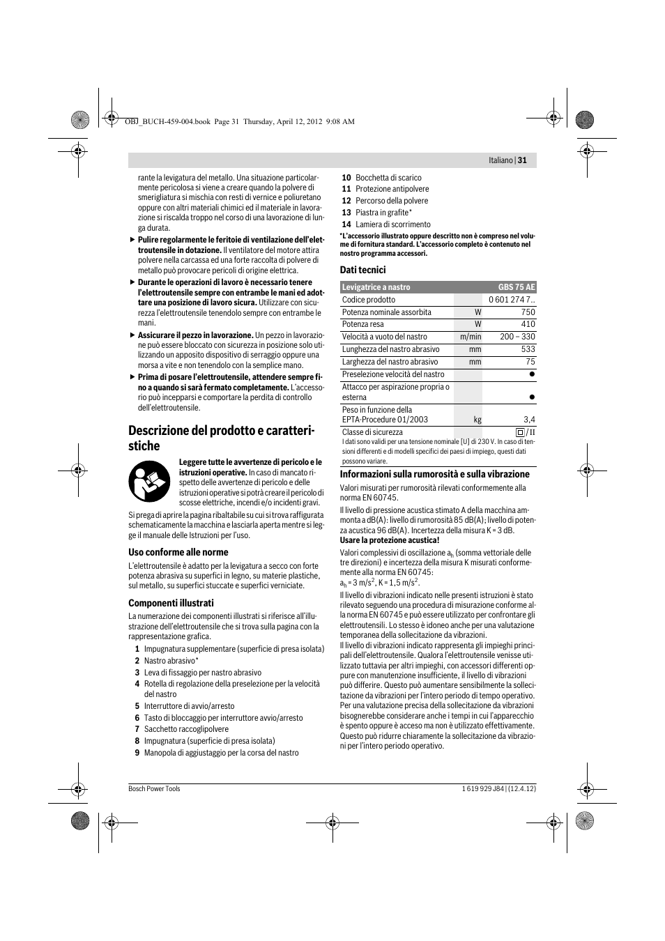 Descrizione del prodotto e caratteri- stiche | Bosch GBS 75 AE Set Professional User Manual | Page 31 / 139