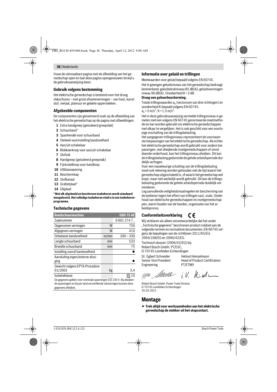 Montage | Bosch GBS 75 AE Set Professional User Manual | Page 36 / 139