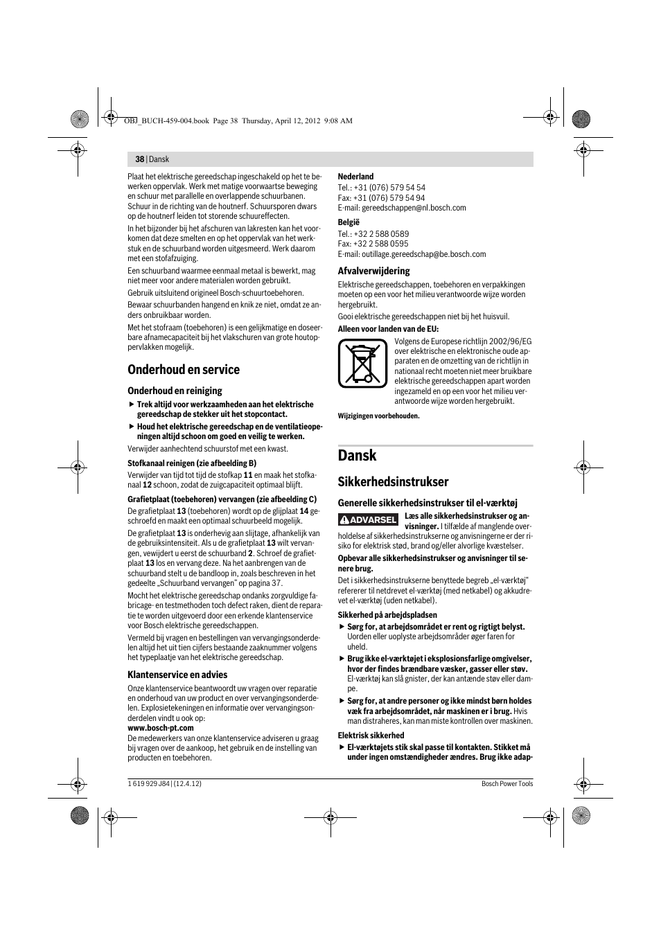 Dansk, Onderhoud en service, Sikkerhedsinstrukser | Bosch GBS 75 AE Set Professional User Manual | Page 38 / 139