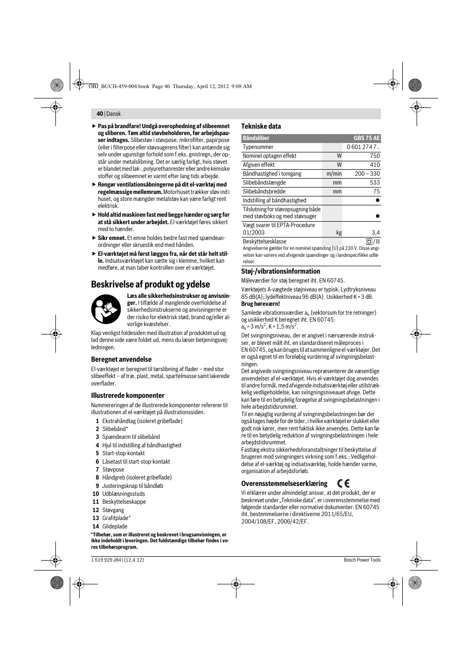 Beskrivelse af produkt og ydelse | Bosch GBS 75 AE Set Professional User Manual | Page 40 / 139