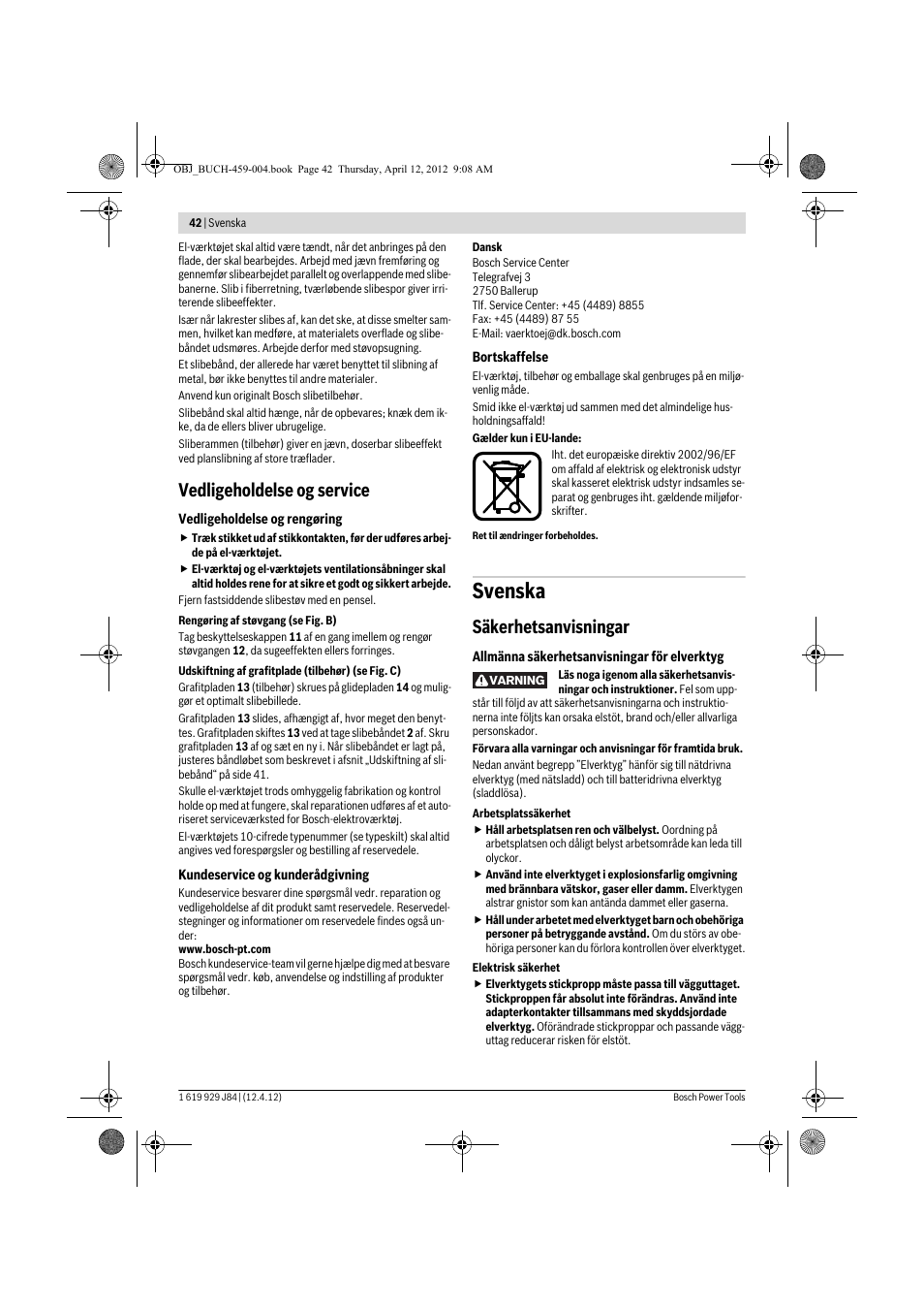 Svenska, Vedligeholdelse og service, Säkerhetsanvisningar | Bosch GBS 75 AE Set Professional User Manual | Page 42 / 139