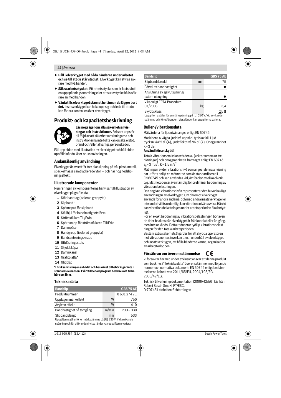 Produkt- och kapacitetsbeskrivning | Bosch GBS 75 AE Set Professional User Manual | Page 44 / 139