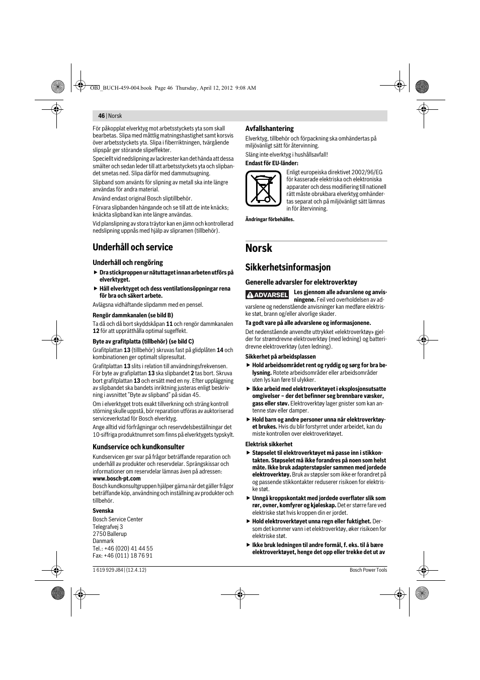 Norsk, Underhåll och service, Sikkerhetsinformasjon | Bosch GBS 75 AE Set Professional User Manual | Page 46 / 139