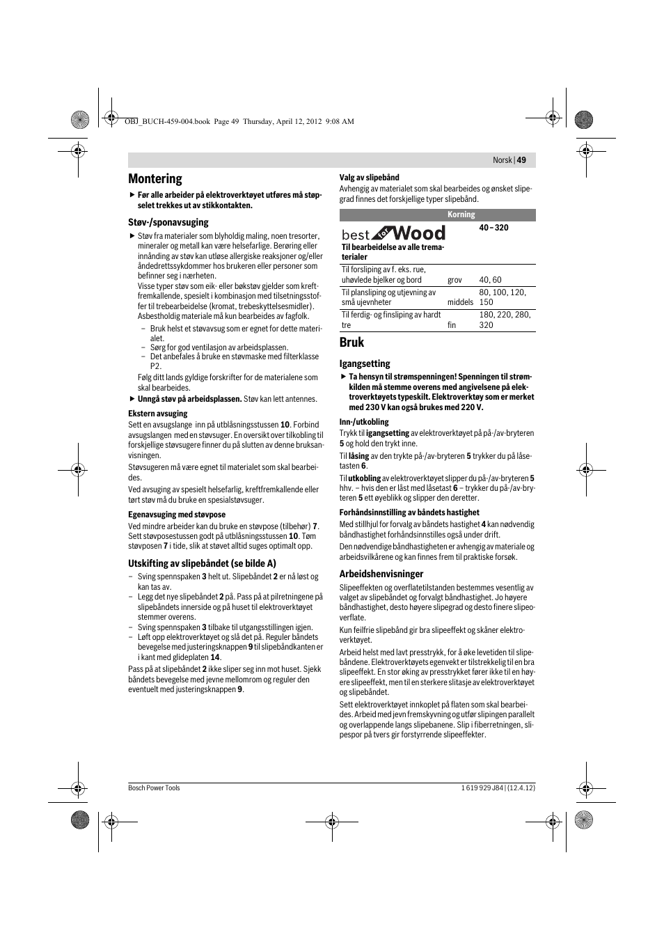 Montering, Bruk | Bosch GBS 75 AE Set Professional User Manual | Page 49 / 139