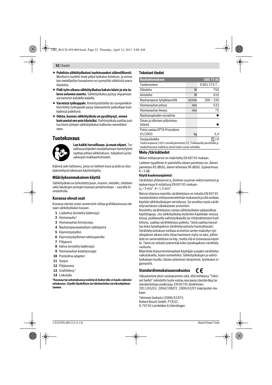 Tuotekuvaus | Bosch GBS 75 AE Set Professional User Manual | Page 52 / 139