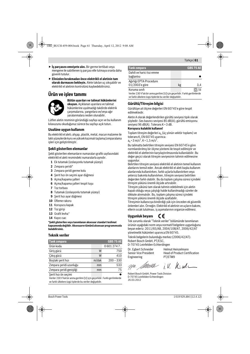 Ürün ve işlev tan m | Bosch GBS 75 AE Set Professional User Manual | Page 61 / 139