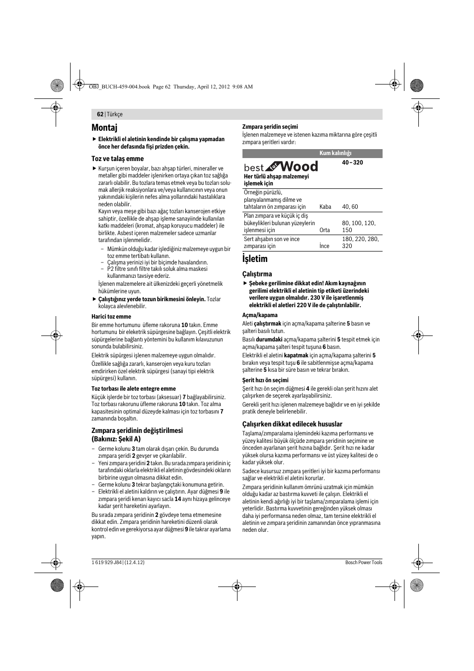 Montaj, Işletim | Bosch GBS 75 AE Set Professional User Manual | Page 62 / 139