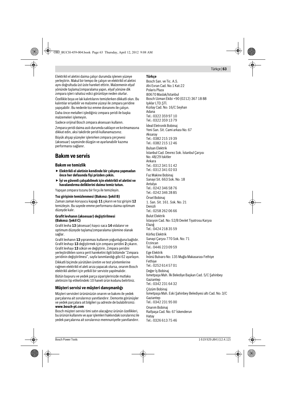 Bak m ve servis | Bosch GBS 75 AE Set Professional User Manual | Page 63 / 139