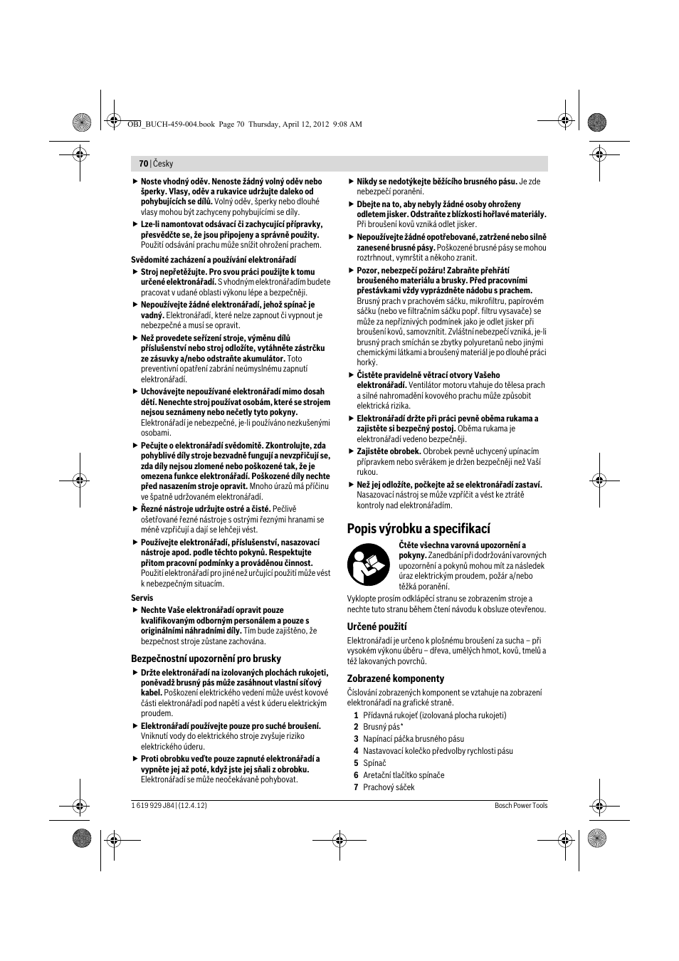 Popis výrobku a specifikací | Bosch GBS 75 AE Set Professional User Manual | Page 70 / 139