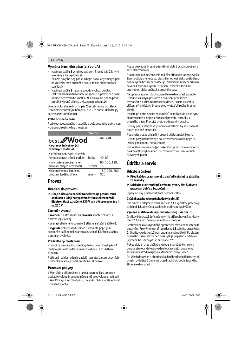 Provoz, Údržba a servis | Bosch GBS 75 AE Set Professional User Manual | Page 72 / 139