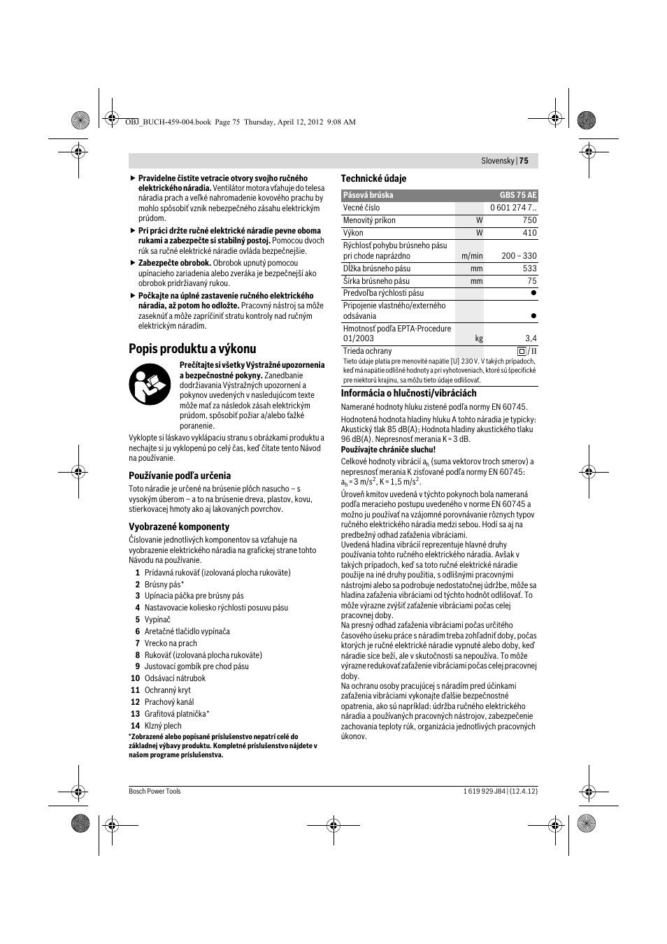 Popis produktu a výkonu | Bosch GBS 75 AE Set Professional User Manual | Page 75 / 139