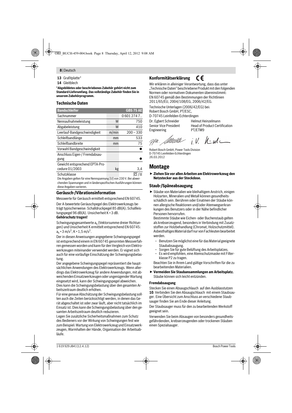 Montage | Bosch GBS 75 AE Set Professional User Manual | Page 8 / 139