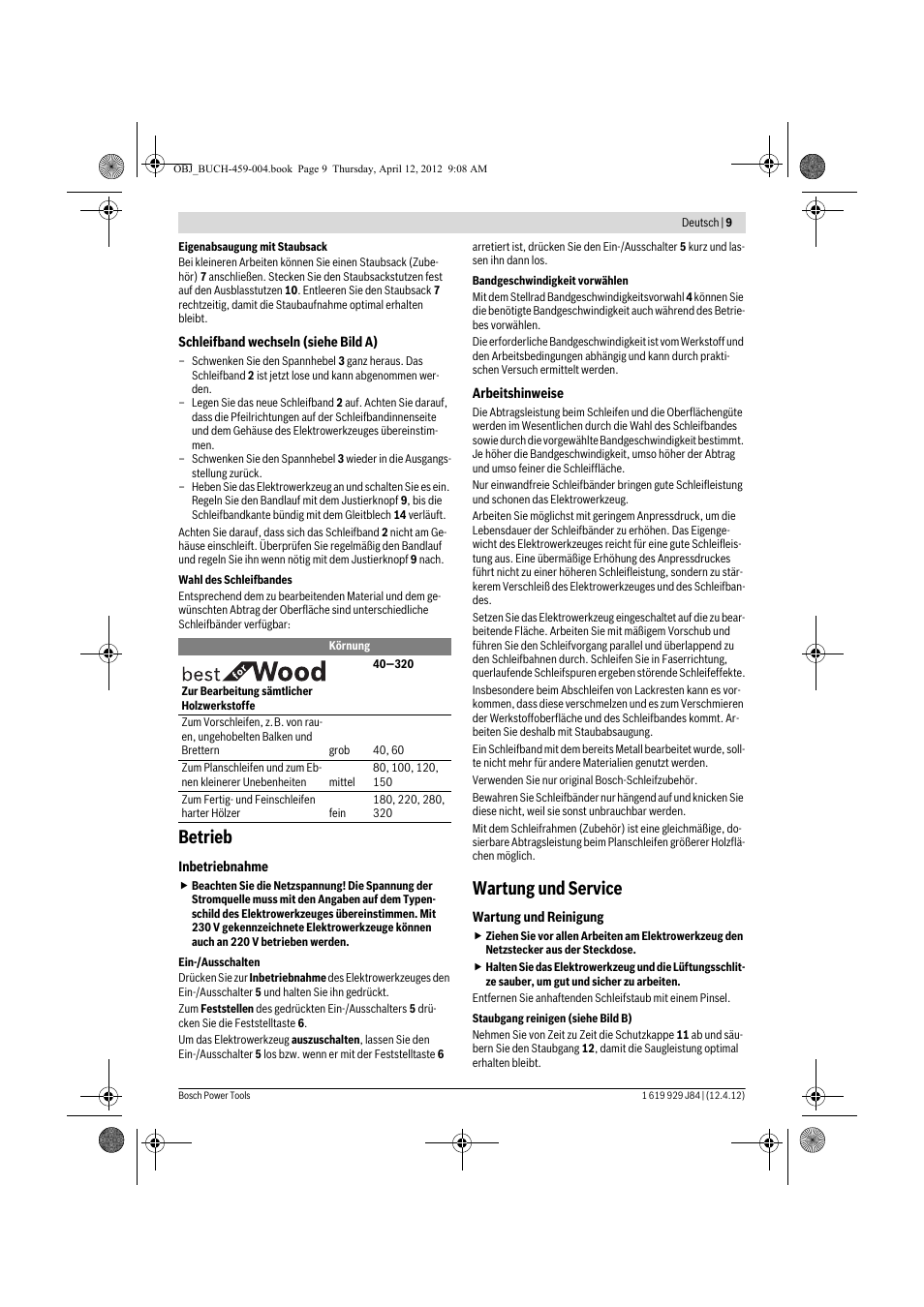Betrieb, Wartung und service | Bosch GBS 75 AE Set Professional User Manual | Page 9 / 139