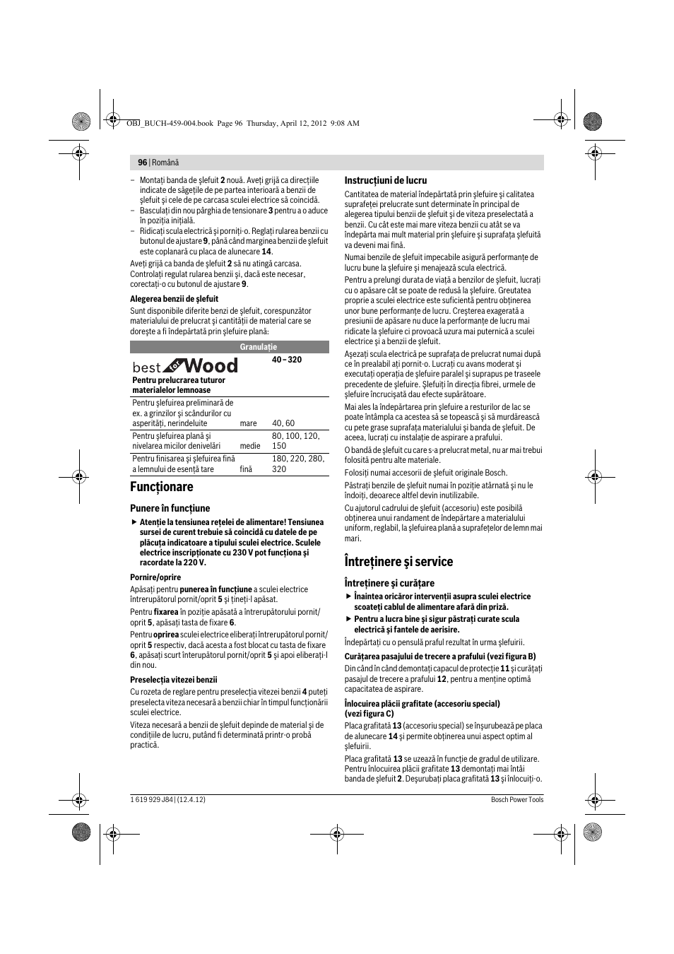 Funcţionare, Întreţinere şi service | Bosch GBS 75 AE Set Professional User Manual | Page 96 / 139