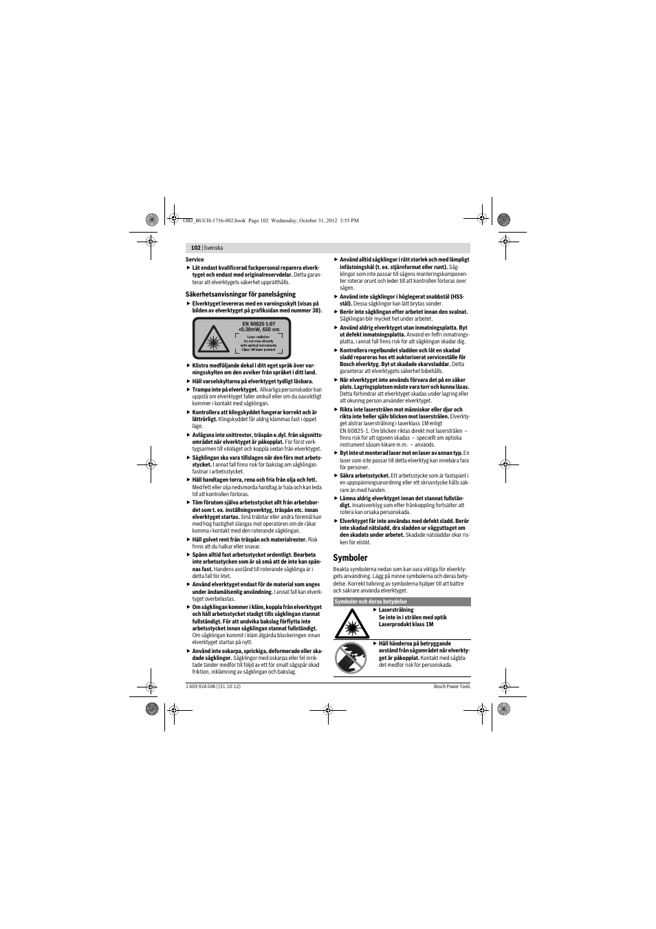 Symboler | Bosch GCM 8 SJL Professional User Manual | Page 102 / 332