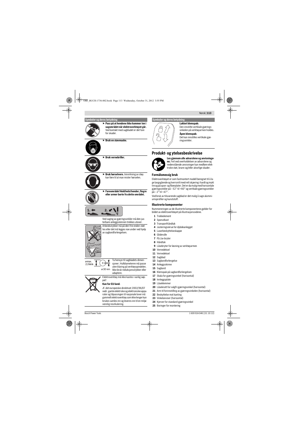 Produkt- og ytelsesbeskrivelse | Bosch GCM 8 SJL Professional User Manual | Page 113 / 332