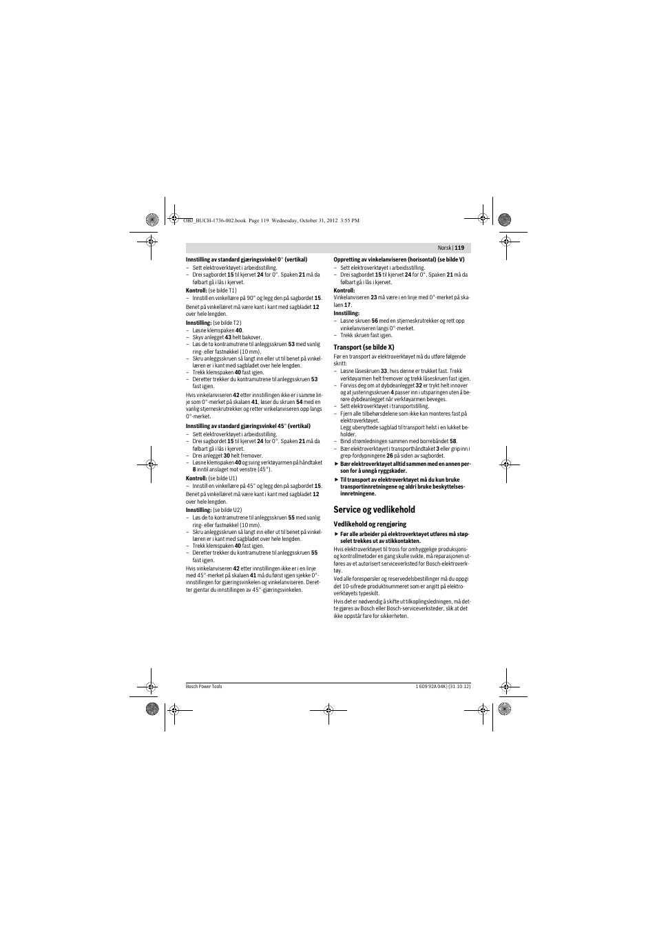 Service og vedlikehold | Bosch GCM 8 SJL Professional User Manual | Page 119 / 332