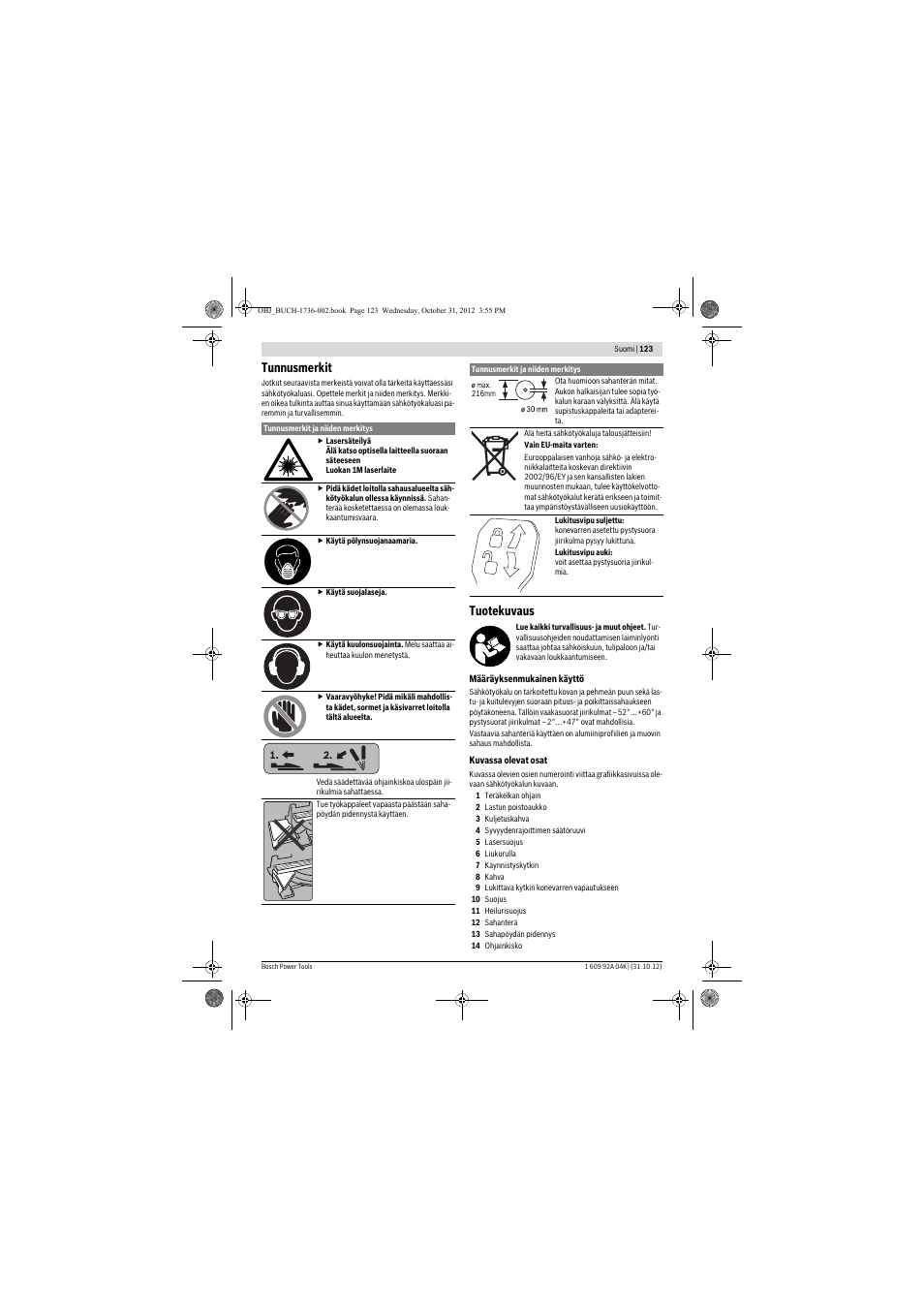 Tunnusmerkit, Tuotekuvaus | Bosch GCM 8 SJL Professional User Manual | Page 123 / 332