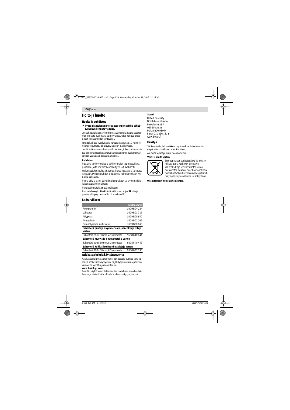 Hoito ja huolto | Bosch GCM 8 SJL Professional User Manual | Page 130 / 332