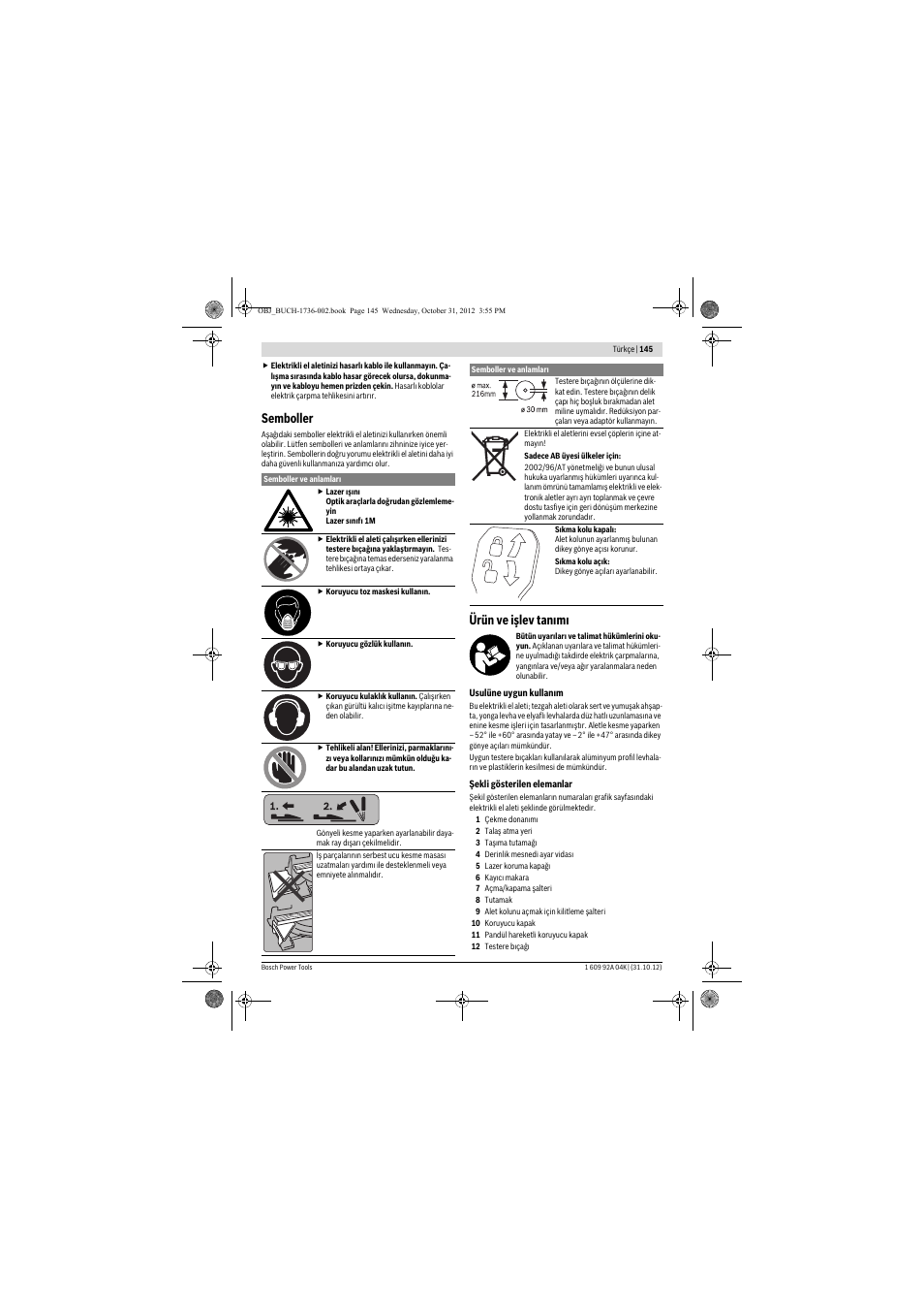 Semboller, Ürün ve işlev tanımı | Bosch GCM 8 SJL Professional User Manual | Page 145 / 332