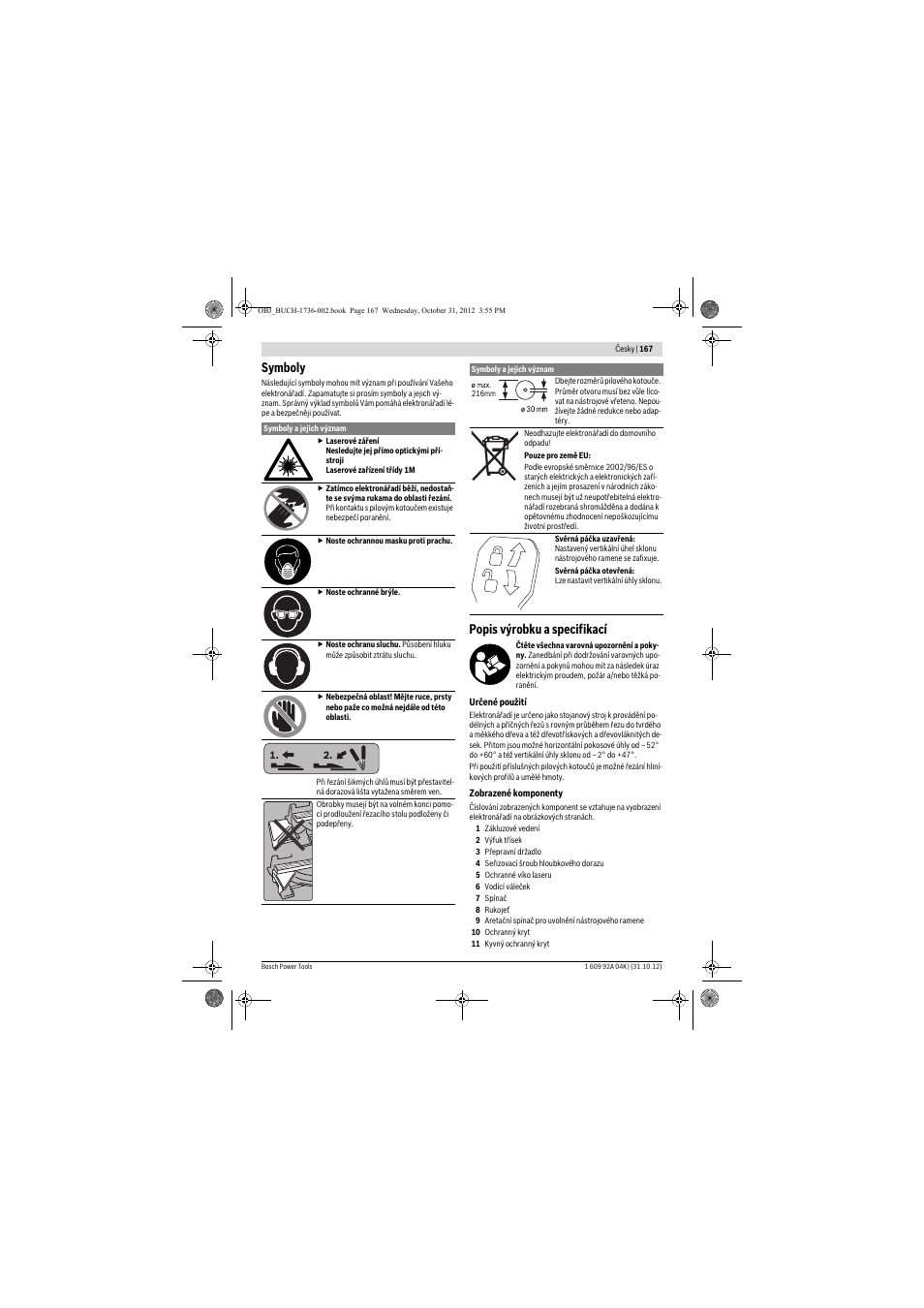 Symboly, Popis výrobku a specifikací | Bosch GCM 8 SJL Professional User Manual | Page 167 / 332