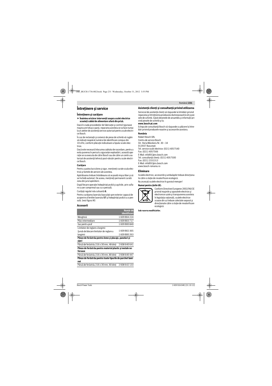 Întreţinere şi service | Bosch GCM 8 SJL Professional User Manual | Page 231 / 332