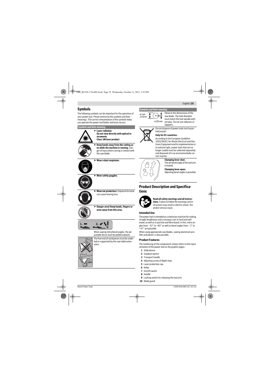 Symbols, Product description and specifica- tions | Bosch GCM 8 SJL Professional User Manual | Page 25 / 332