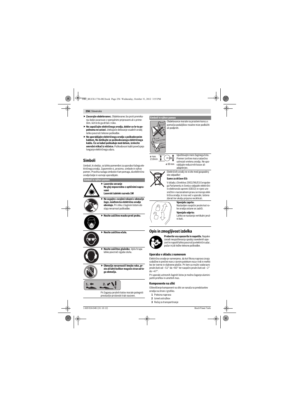 Simboli, Opis in zmogljivost izdelka | Bosch GCM 8 SJL Professional User Manual | Page 256 / 332